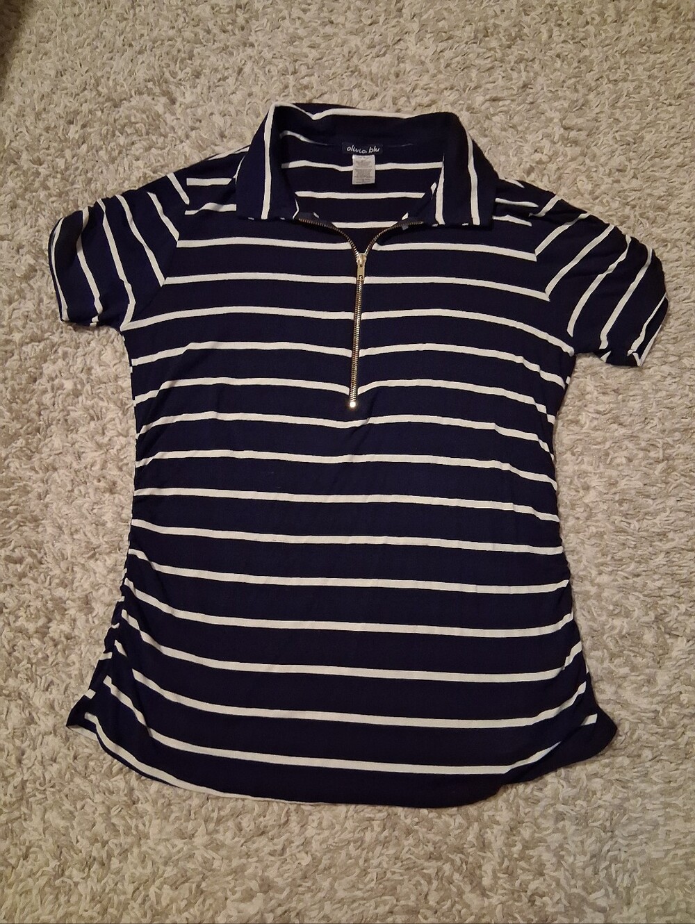 Olivia Blu White and Navy Striped Polo Zip-Front Top